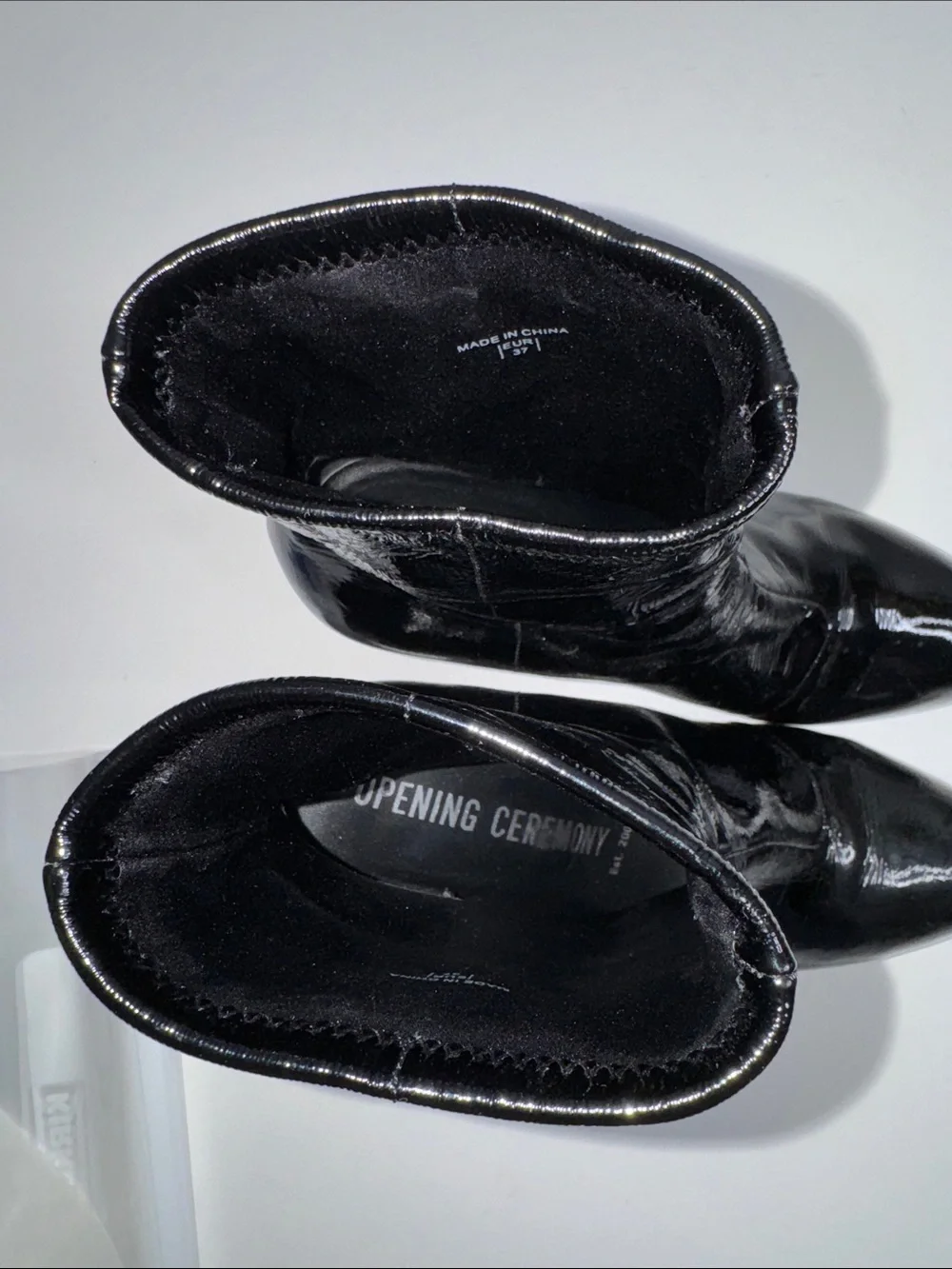 Opening Ceremony Black Patent Leather Ankle Boots with Silver Block Heels
